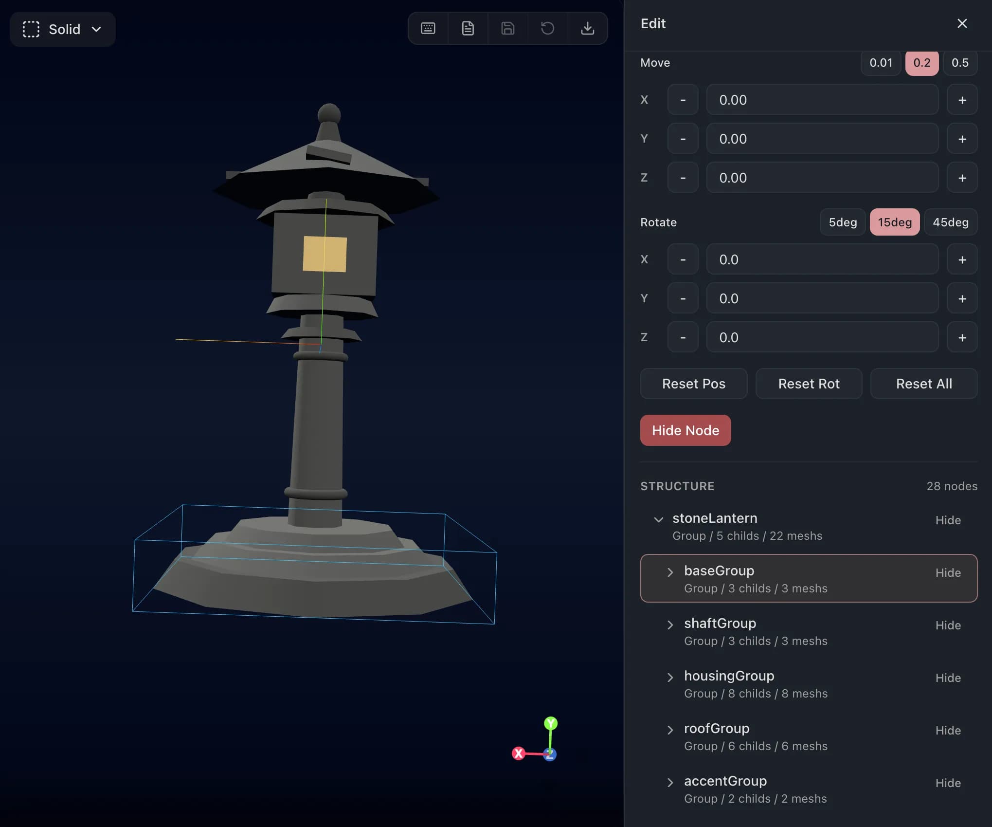 Ascoor editor showing a refined 3D model in browser edit mode